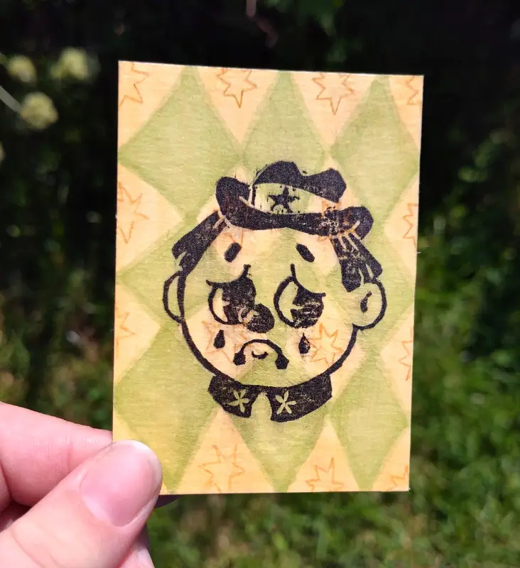 Sad Cowboy Clown Stamp aceo art card