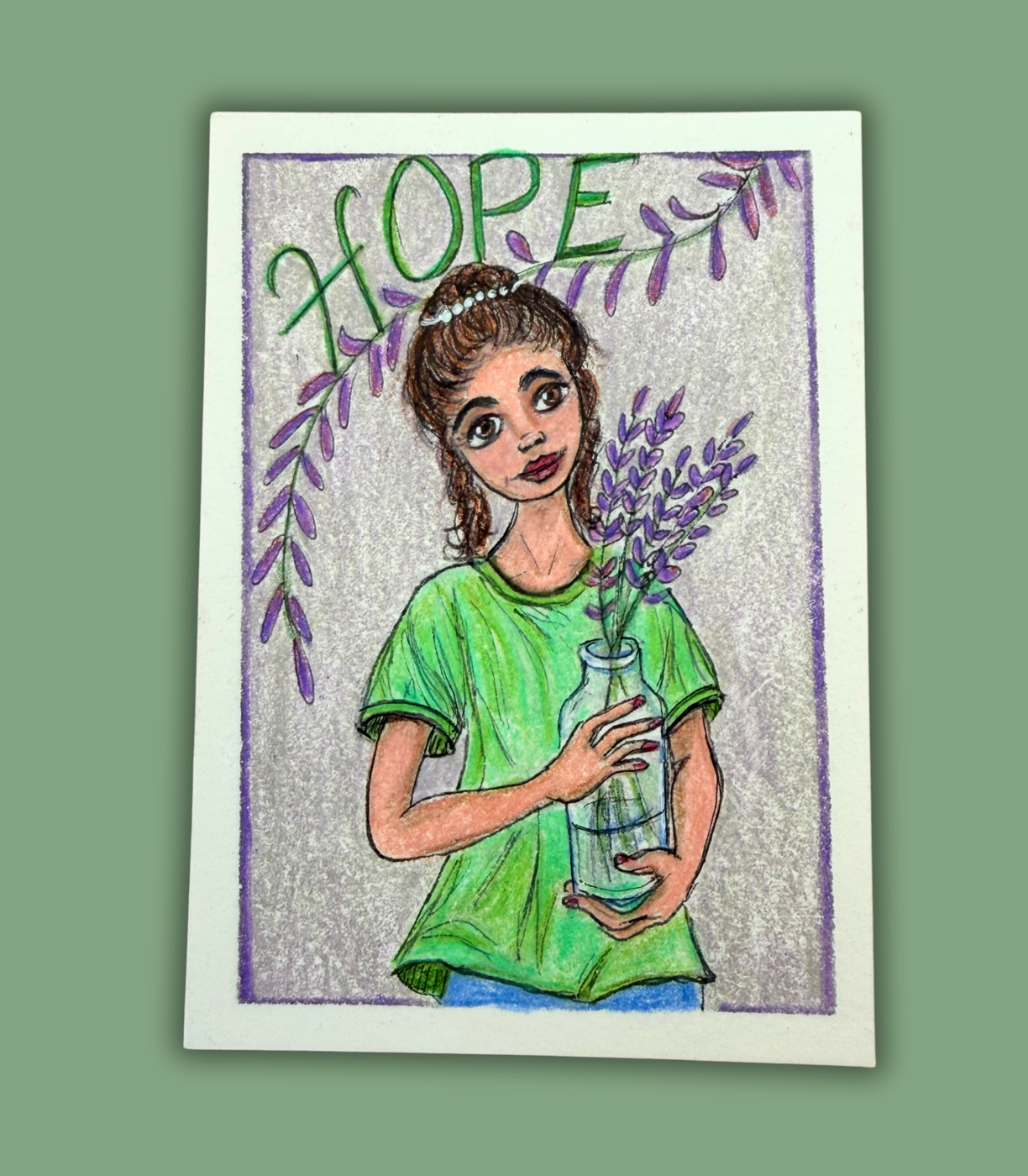 Girl with Lavender ACEO - Colored Pencil on Illustration Board aceo art card
