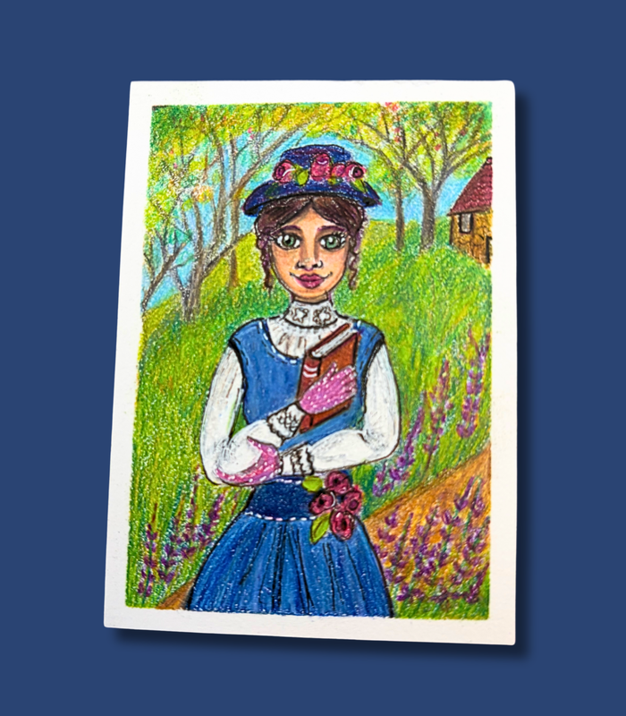 Lady with Book- ACEO in Colored Pencil Drawing & Acrylic on Illustration Board aceo art card