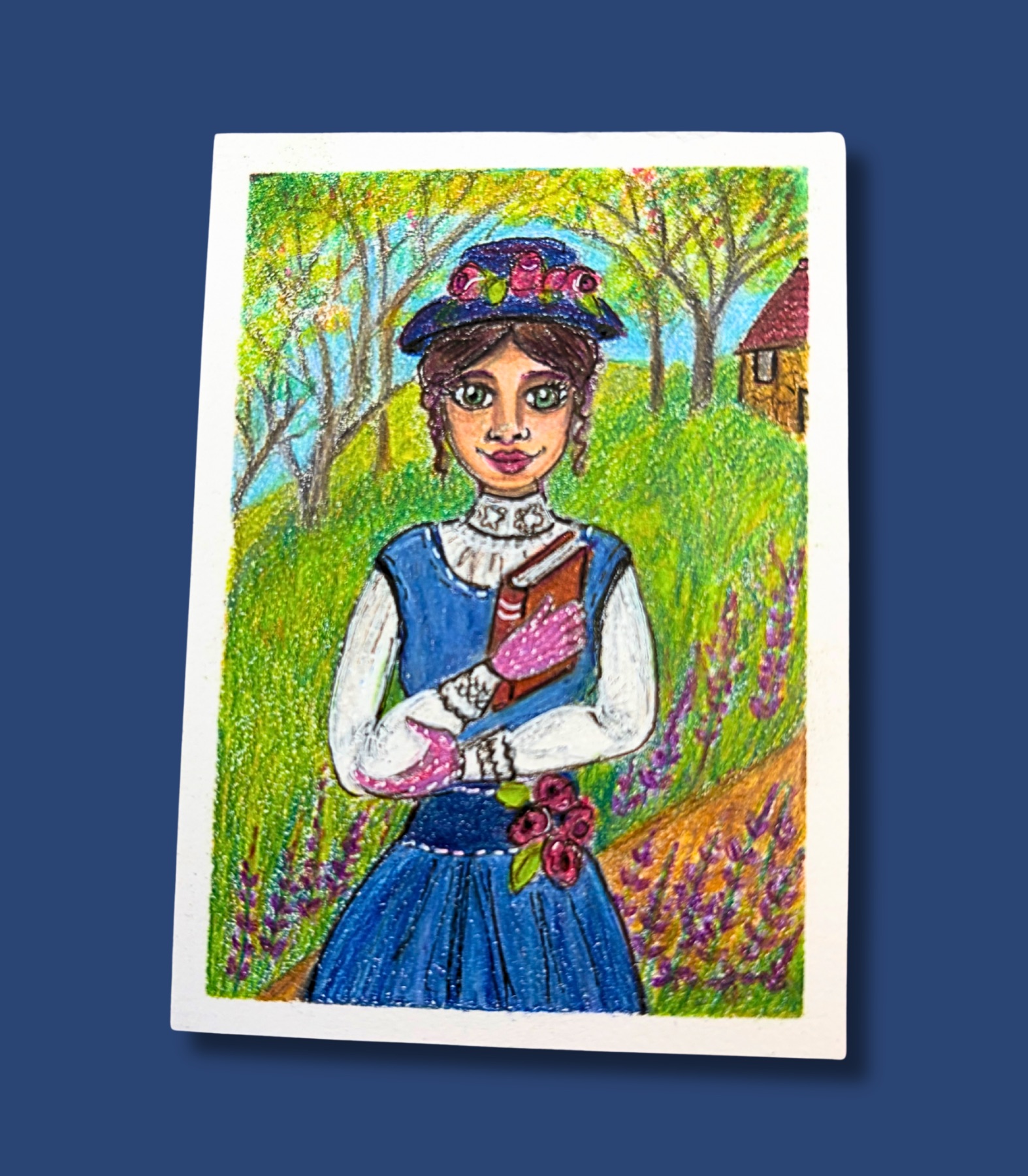 Lady with Book- ACEO in Colored Pencil Drawing & Acrylic on Illustration Board aceo art card