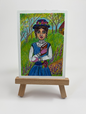 Lady with Book- ACEO in Colored Pencil Drawing & Acrylic on Illustration Board aceo art card thumbnail 4