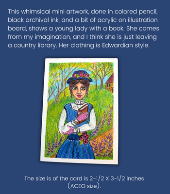 Lady with Book- ACEO in Colored Pencil Drawing & Acrylic on Illustration Board aceo art card thumbnail 2