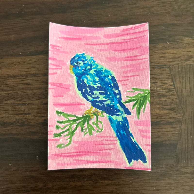 ACEO Original Bird Painting Set 2.5 x 3.5 Acrylic Marker one of three aceo art card
