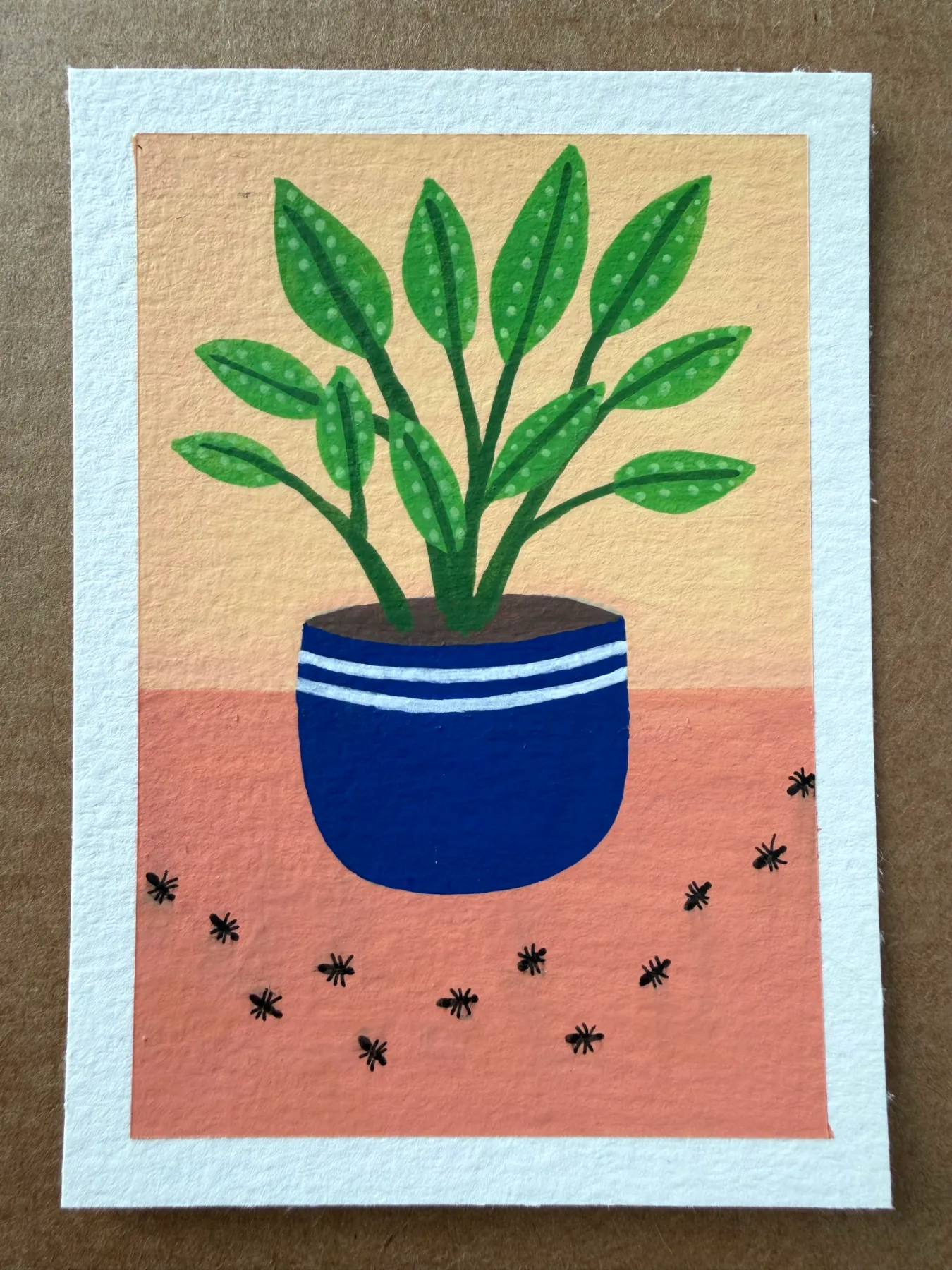 Houseplant with Ants in Blue Pot by KPT, Acrylic and Ink aceo art card