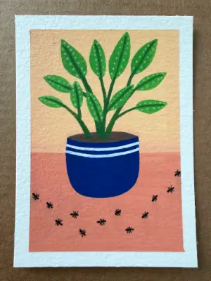 Houseplant with Ants in Blue Pot by KPT, Acrylic and Ink aceo art card thumbnail 1