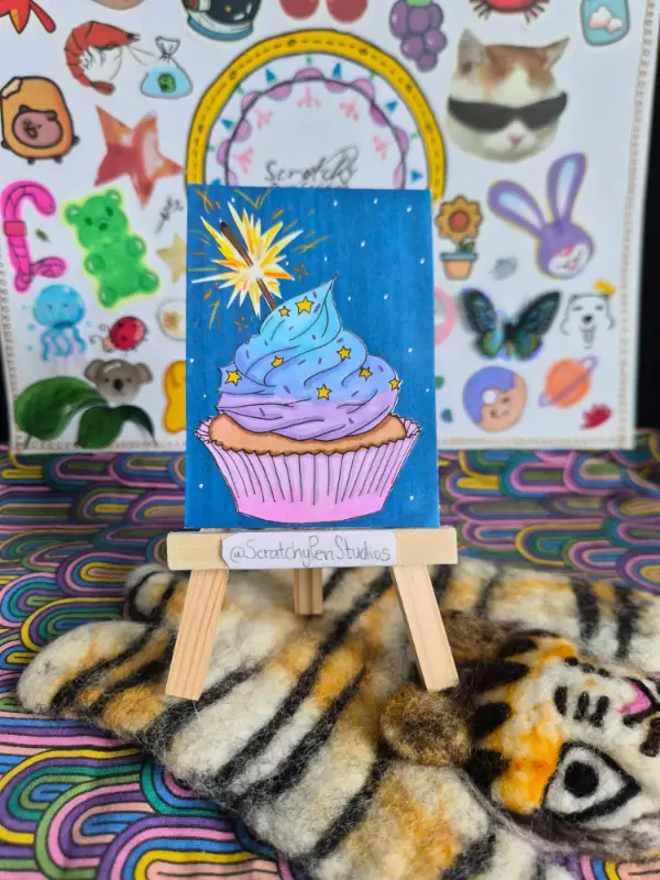 "Night Sky Celebration" Cupcake, Food aceo art card