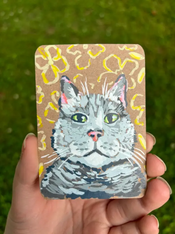 gray kitty with yellow flowers aceo art card