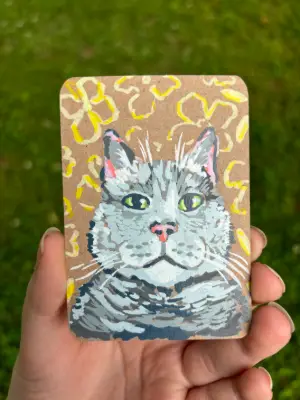 gray kitty with yellow flowers aceo art card thumbnail 1