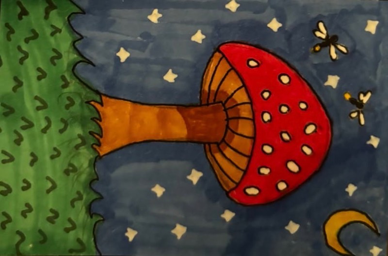 Mushroom and Fireflies aceo art card