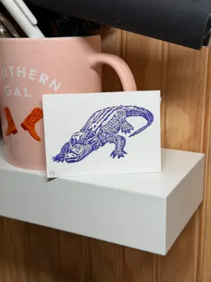 Southern Alligator Mississippi Louisiana Hand-carved Block Print ACEO Mini aceo art card thumbnail 1
