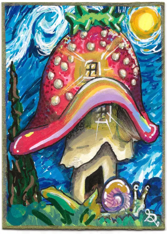 "Strawberry Mushroom" | Snail House Under a Moonlit Sky aceo art card