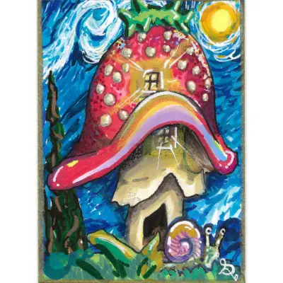 "Strawberry Mushroom" | Snail House Under a Moonlit Sky aceo art card thumbnail 1