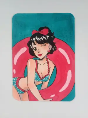 Beach Time Summer Girl - Original ACEO-Alcohol Marker aceo art card thumbnail 2