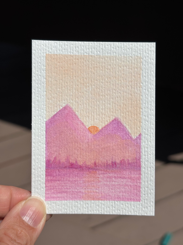 ACEO original, pink mountains aceo art card
