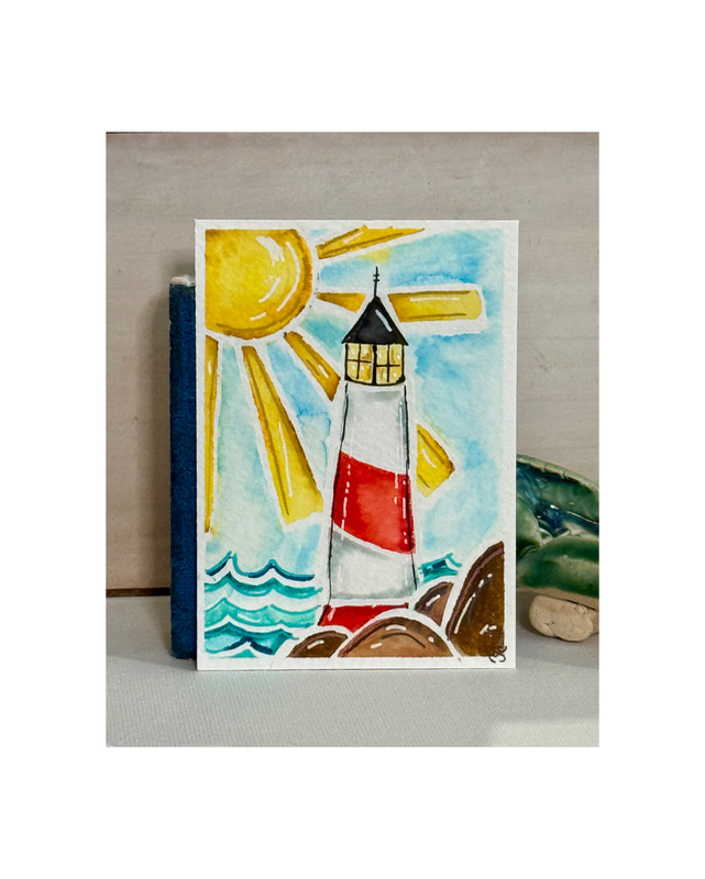 Sunny Shores Lighthouse aceo art card