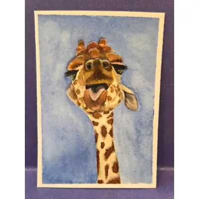 "So Funny" Giraffe Original Watercolor ACEO aceo art card thumbnail 1