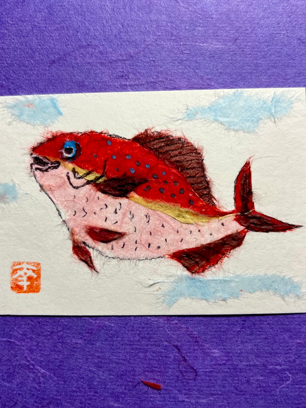 Japanese Washi art-Red snapper aceo art card