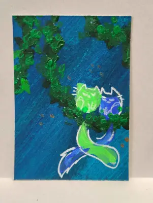 Color Cat- Green Blue Cuddles aceo art card thumbnail 1