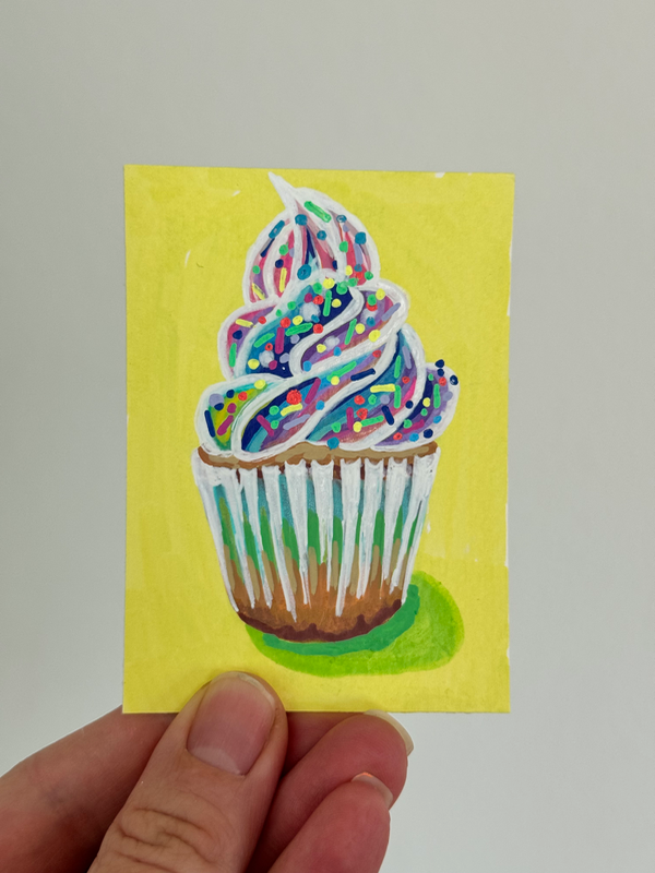 Rainbow cupcake aceo art card