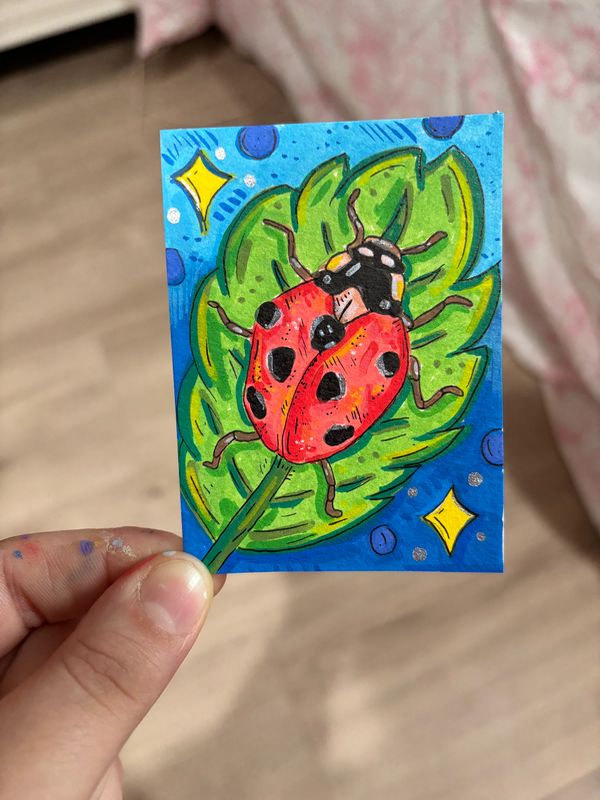 Ladybug on a Leaf aceo art card