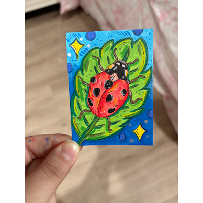 Ladybug on a Leaf aceo art card thumbnail 1