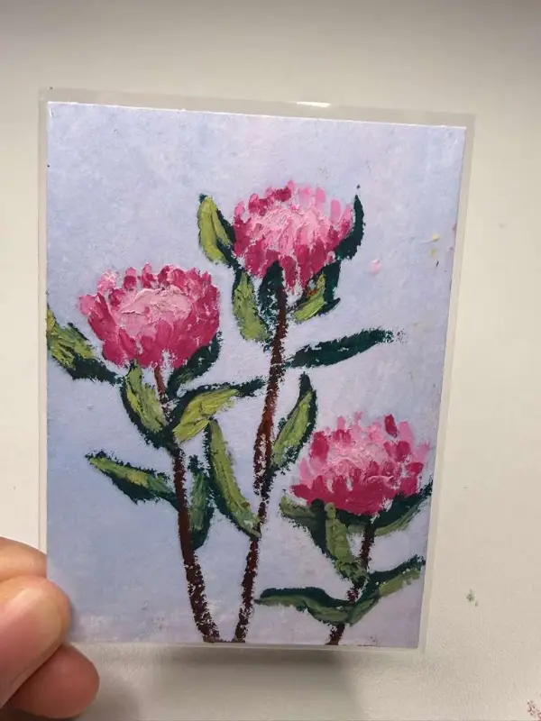 ACEO ORIGINAL, Abstract Oil Pastel Flowers, Protea, New Signed Mini Art aceo art card