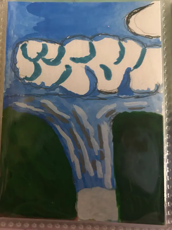 🎨 Original ACEO Art – Waterfall Landscape with Dramatic Clouds – Hand Painted Miniature aceo art card
