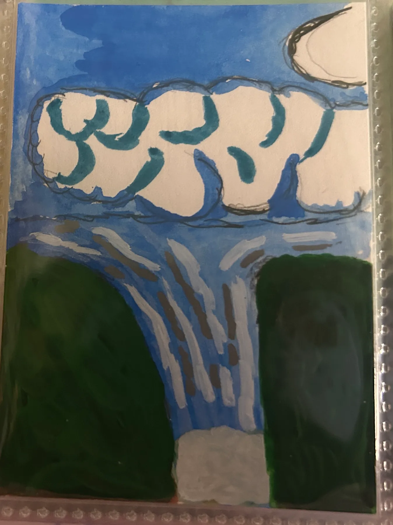 🎨 Original ACEO Art – Waterfall Landscape with Dramatic Clouds – Hand Painted Miniature aceo art card