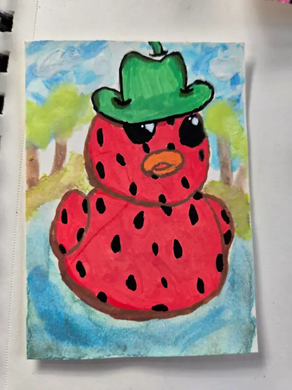 Strawberry Duck aceo art card