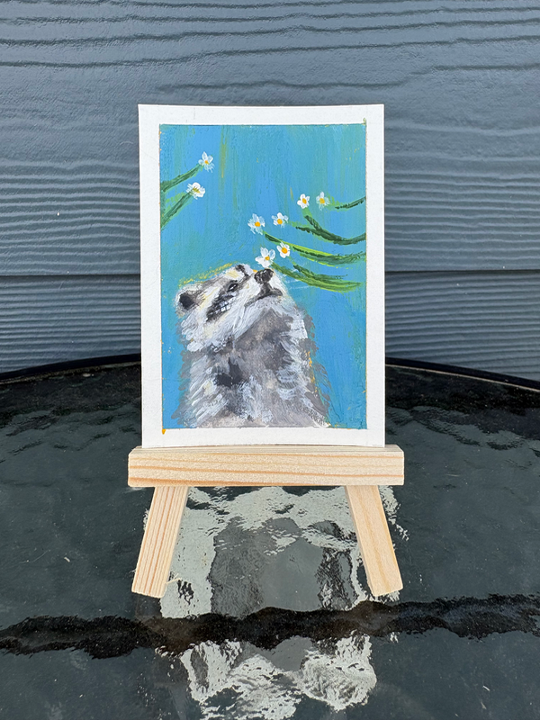 Raccoon Smelling Flowers aceo art card