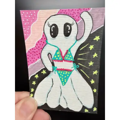 Bikini Ghost Whimsical Pin Up Ghost aceo art card thumbnail 1