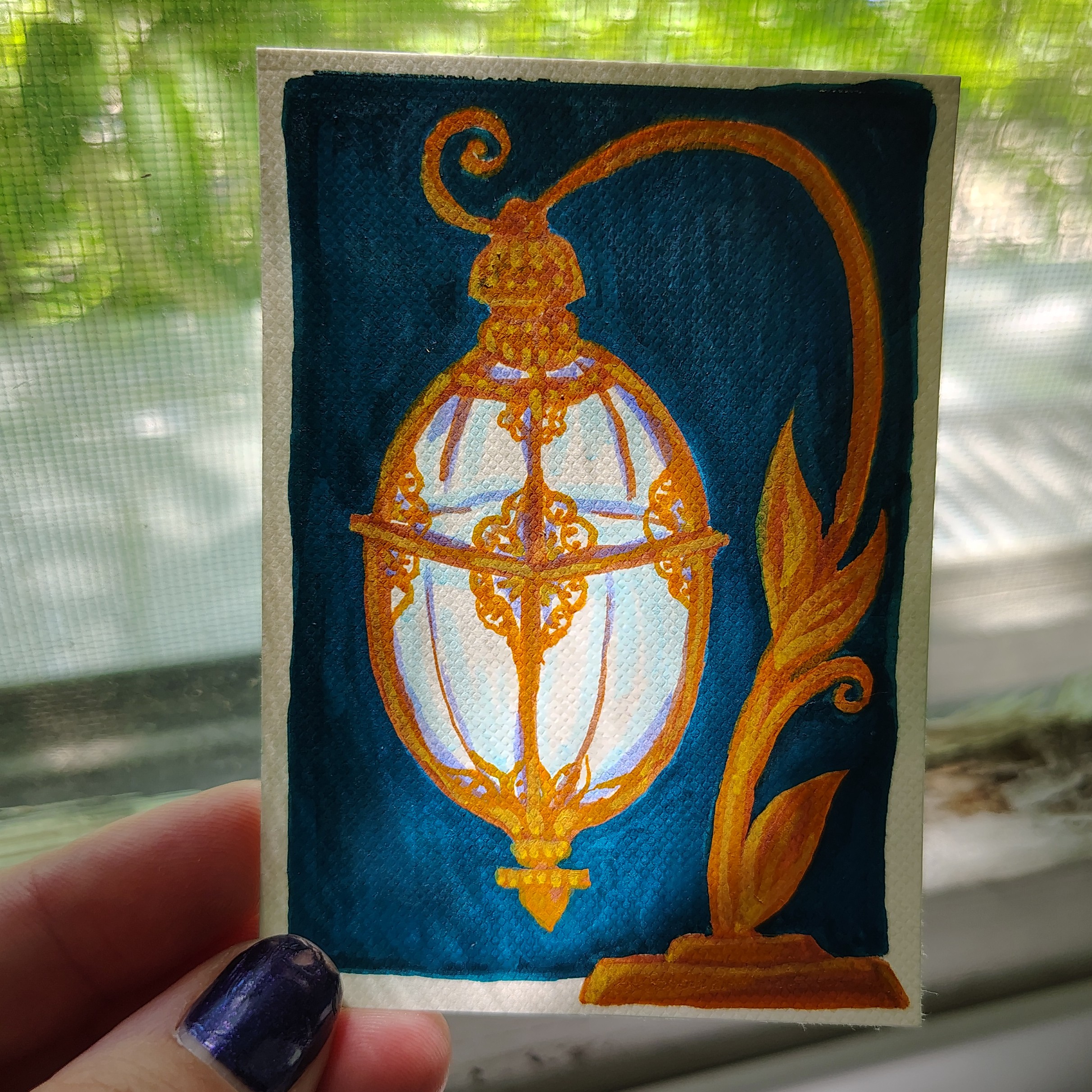 Antique Art Nouveau Lamp, one of a kind acrylic painting aceo art card thumbnail 2