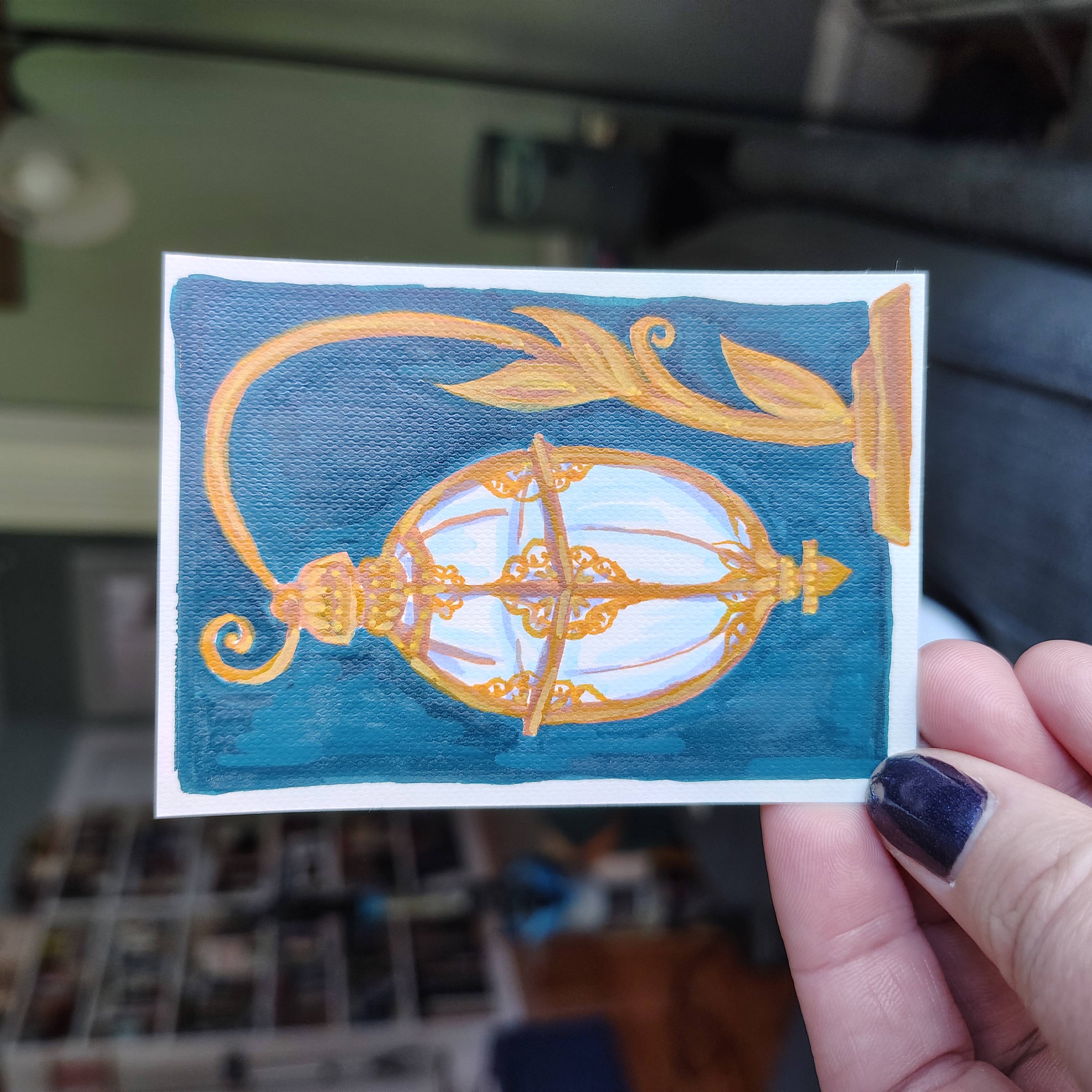 Antique Art Nouveau Lamp, one of a kind acrylic painting aceo art card
