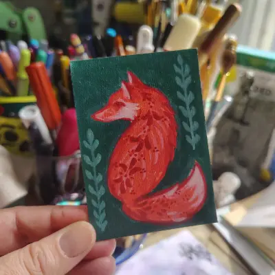 Folk Art Fox, by Mae Be Magpie aceo art card thumbnail 1