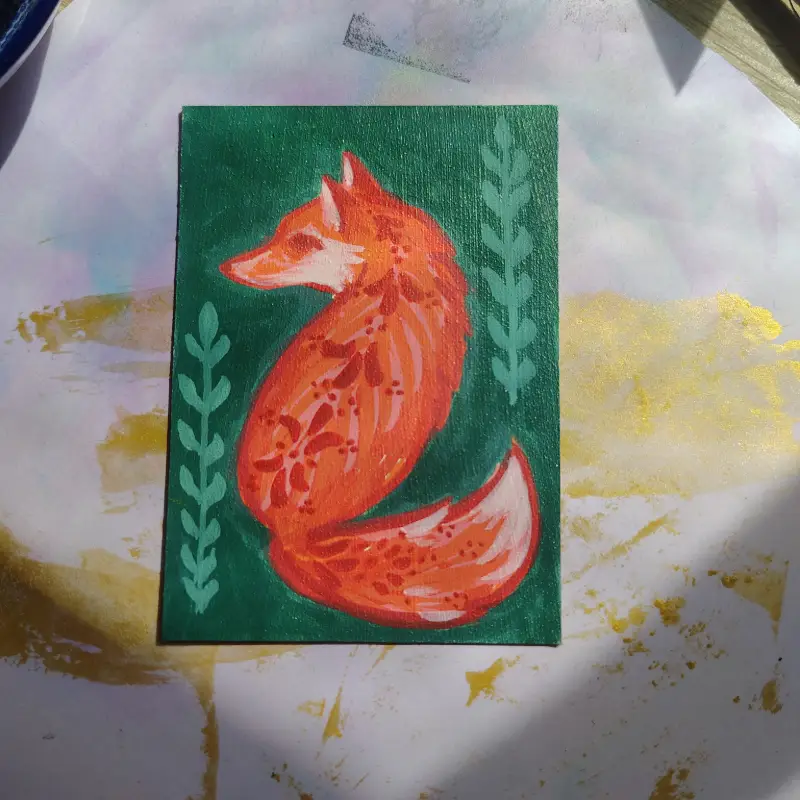 Folk Art Fox, by Mae Be Magpie aceo art card