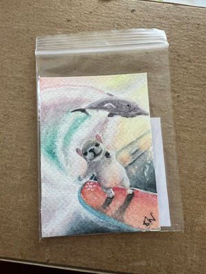 ACEO Original Watercolour Painting by Ebony Jasmin Warren "Pibbles Surfin'" aceo art card thumbnail 2