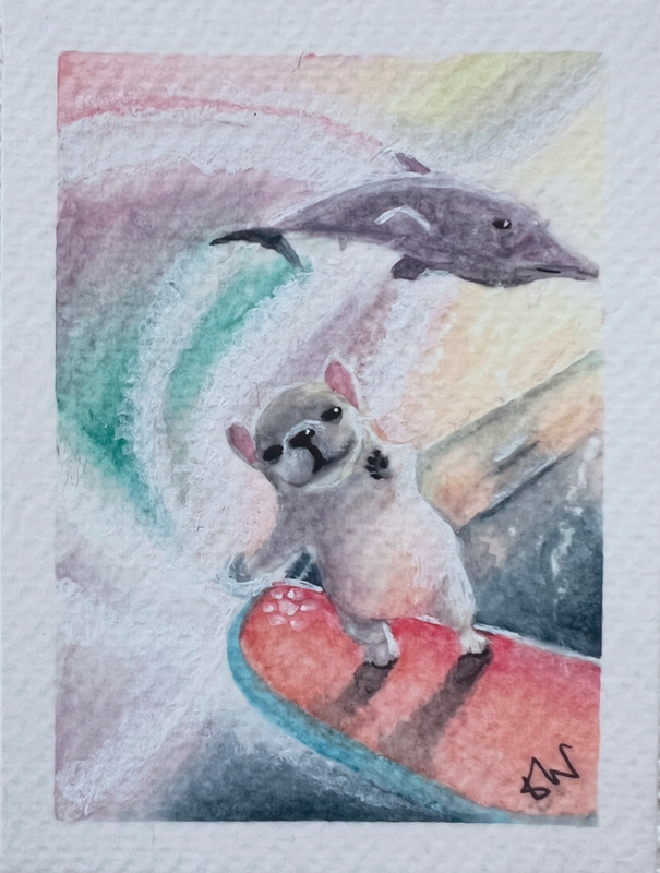ACEO Original Watercolour Painting by Ebony Jasmin Warren "Pibbles Surfin'" aceo art card