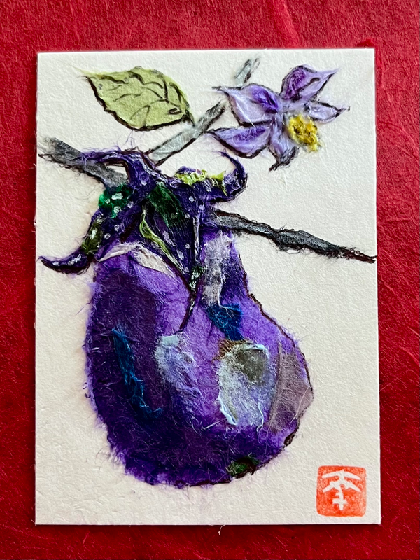 Japanese Washi art- eggplant and a bloom aceo art card