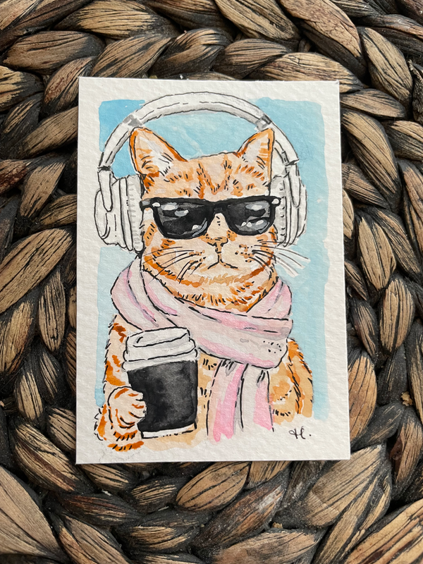 Beats and Brew - Cat in Watercolor aceo art card