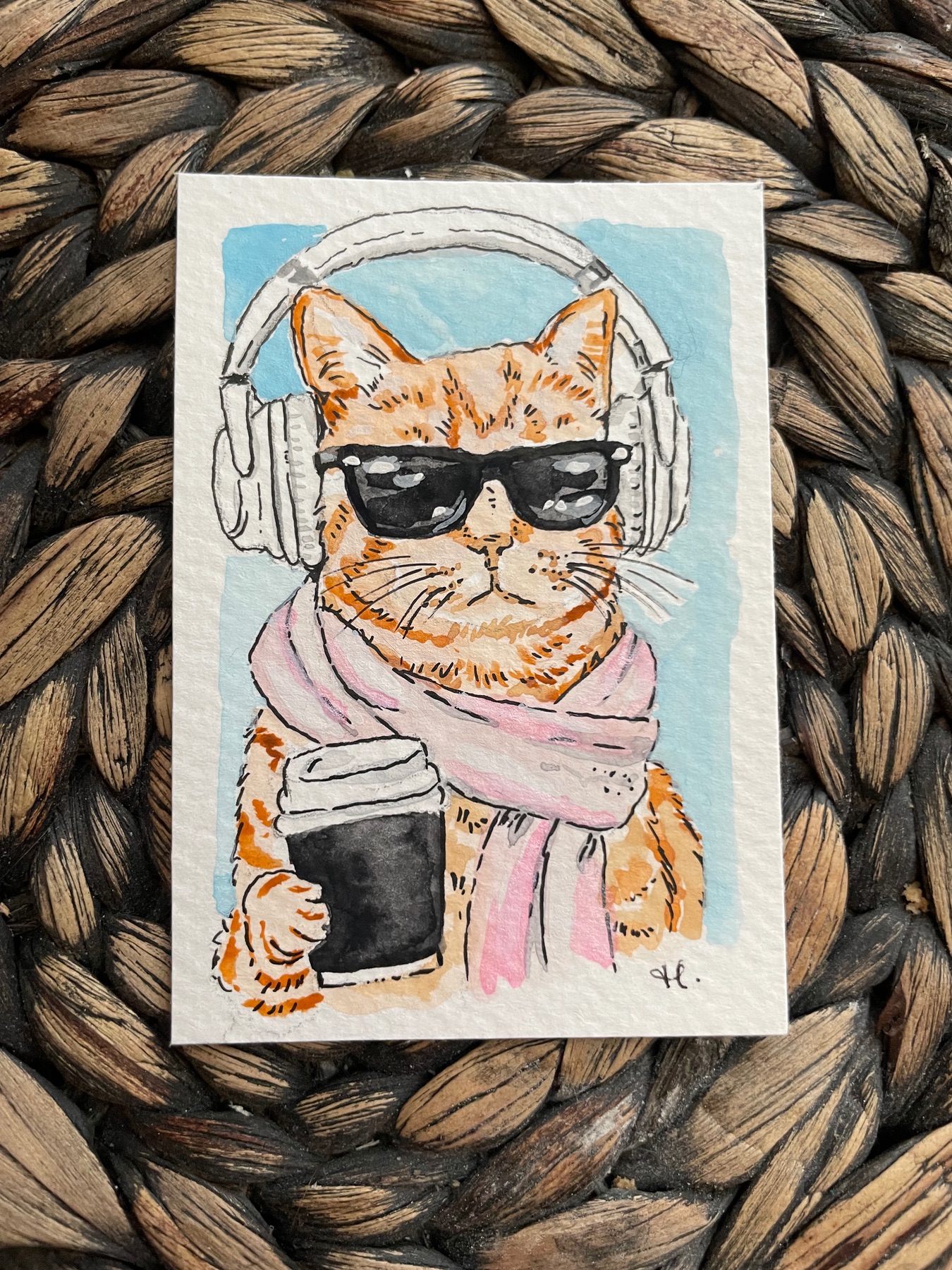 Beats and Brew - Cat in Watercolor aceo art card