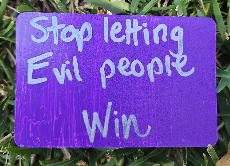Purple 'Stop letting evil people win' 1 aceo art card