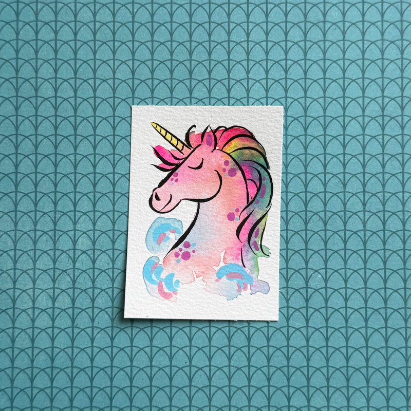Pink Rainbow Unicorn aceo art card