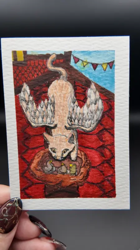 "Menace on the Rooftop" Original ACEO — Watercolor & Archival Ink with Metallic Watercolor Detail aceo art card