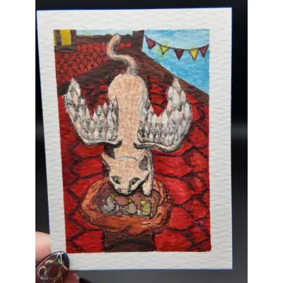 "Menace on the Rooftop" Original ACEO — Watercolor & Archival Ink with Metallic Watercolor Detail aceo art card thumbnail 1