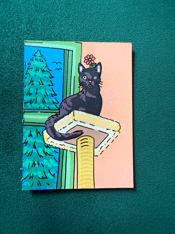 Miho on the Cat Tree aceo art card