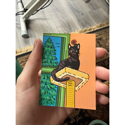 Miho on the Cat Tree aceo art card thumbnail 4