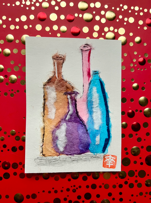 Japanese Washi art - colored bottles (Aki bin) aceo art card