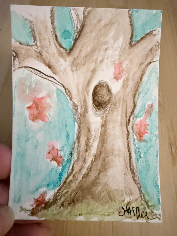ACEO Autumn original watercolor pencil nature fall tree aceo art card