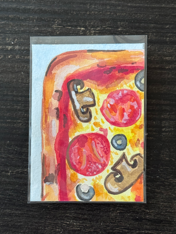 Corner Pizza with mushrooms, watercolor, Cassandra Yocum ACEO aceo art card