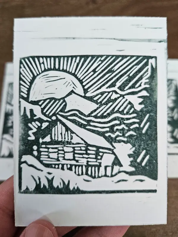 Original Mini Linocut of a Cabin (1/3) aceo art card